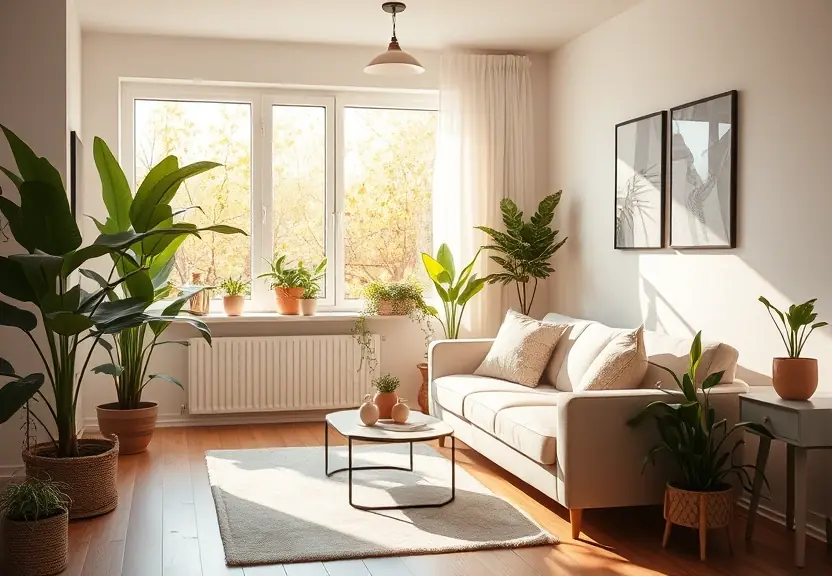 Sala clara com sofá e plantas, sob a luz da tarde vinda da janela