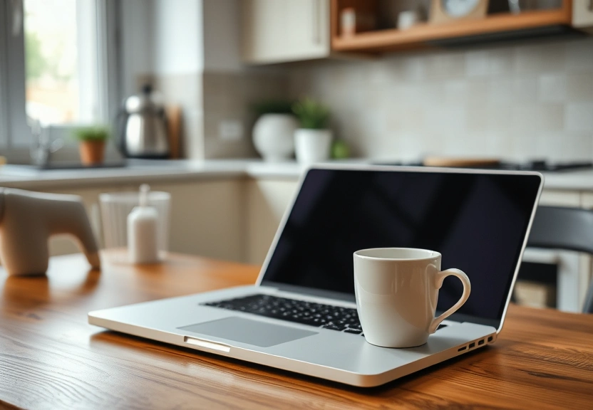 Notebook fechado e uma xícara de café sobre a mesa da cozinha