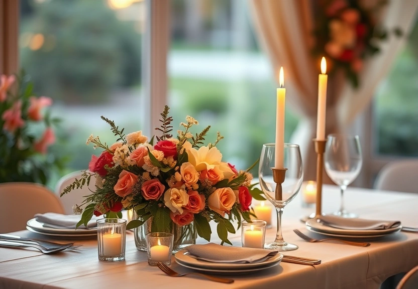 Mesa posta para uma pequena comemoração, com flores e velas