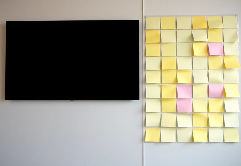 Parede de recadinhos adesivos em branco, numa sala de reunião