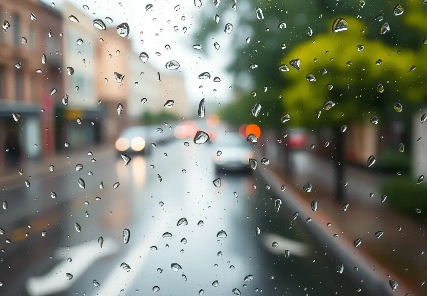 Janela com gotas de chuva e a rua desfocada ao fundo