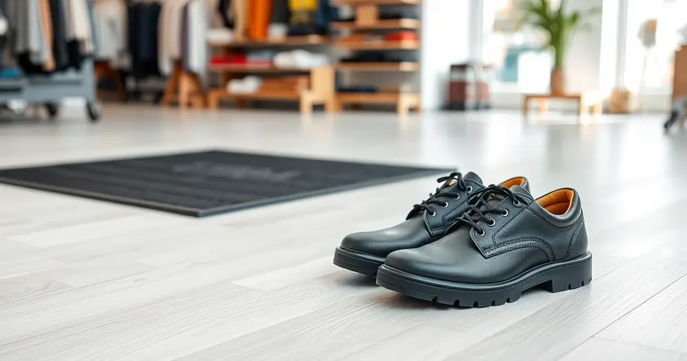 par de sapatos pretos de trabalho no piso de uma loja, ao lado de tapete antifadiga