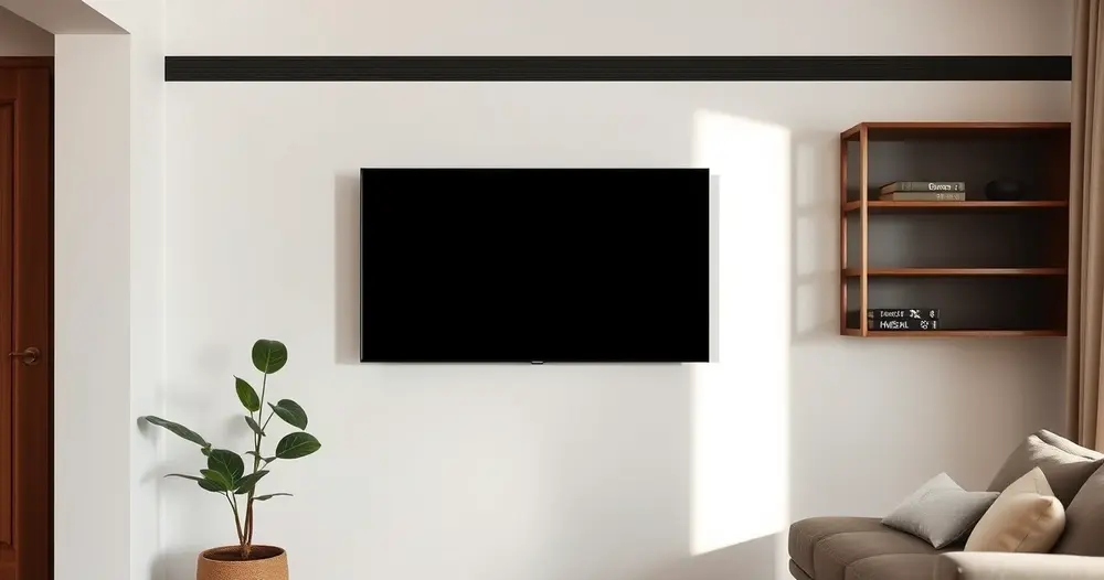 televisor de tela preta na parede de sala de apartamento com planta