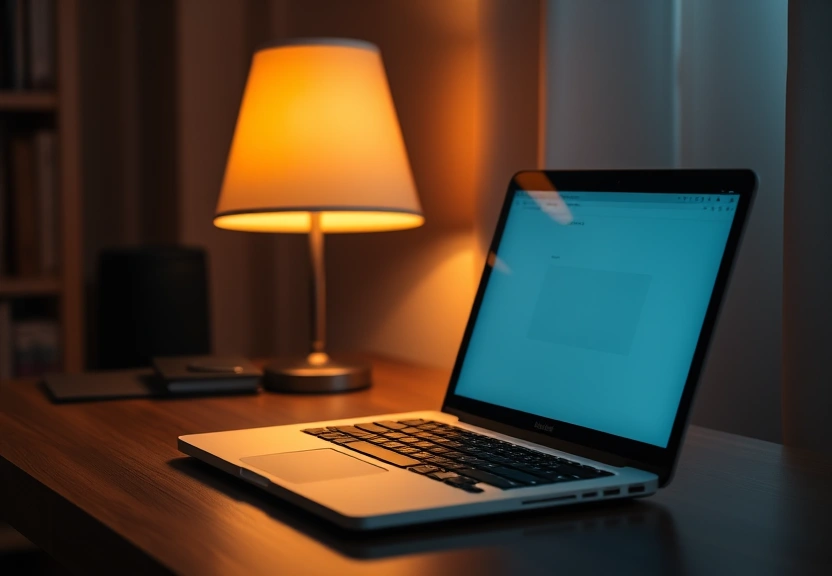 Notebook fechado sobre a mesa, ao lado de uma luminária acesa