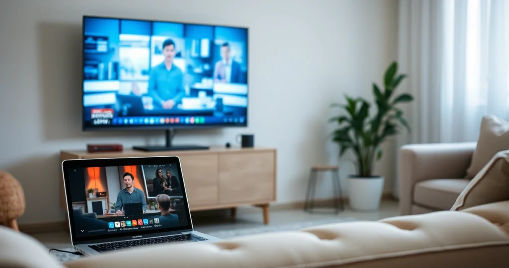 televisão e notebook exibindo transmissão ao vivo na sala