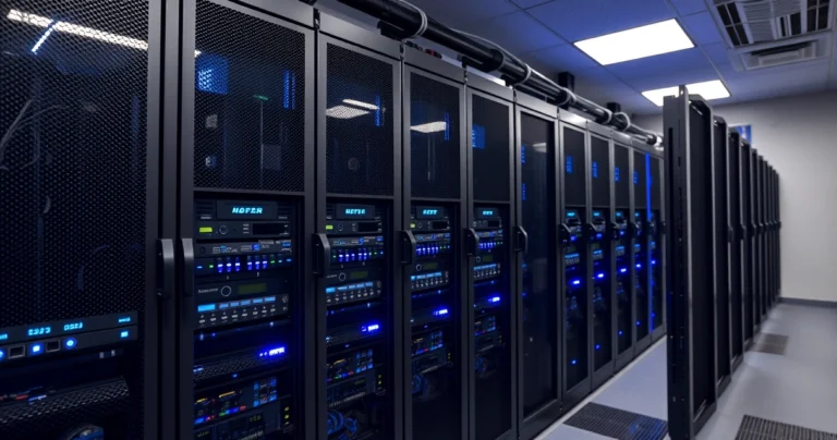 racks de servidores com luzes azuis em pequeno data center
